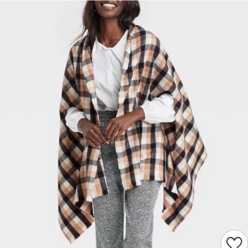 A New Day Women Plaid Ruana Wrap Scarf Arm Slits Brown Black OSFM NEW